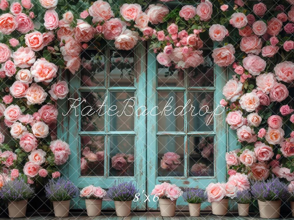 Kate Frühling Teal Double Doors Rosa Rosen Hintergrund Entworfen von Mini MakeBelieve - Kate Backdrop.de