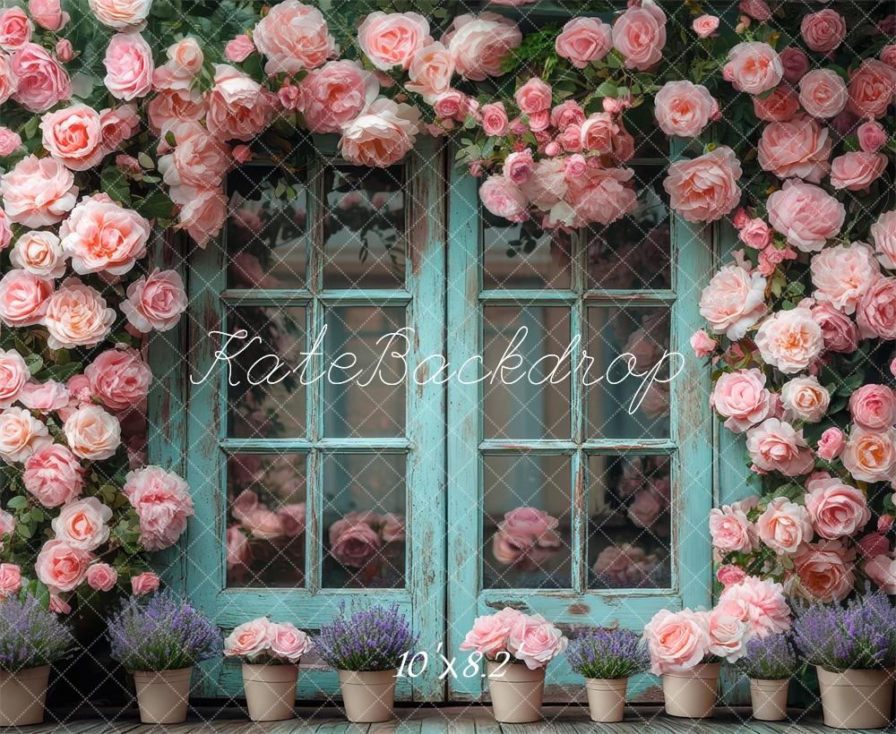 Kate Frühling Teal Double Doors Rosa Rosen Hintergrund Entworfen von Mini MakeBelieve - Kate Backdrop.de