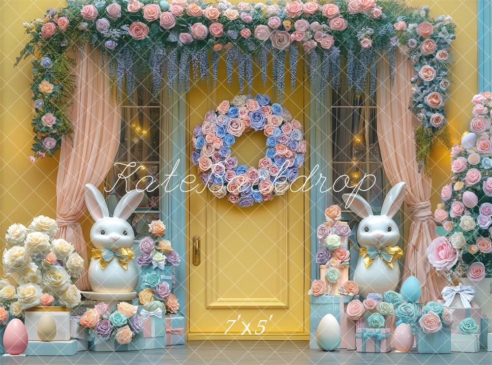 Kate Ostern Häschen Blumen Gelbe Tür Hintergrund Entworfen von Mini MakeBelieve - Kate Backdrop.de
