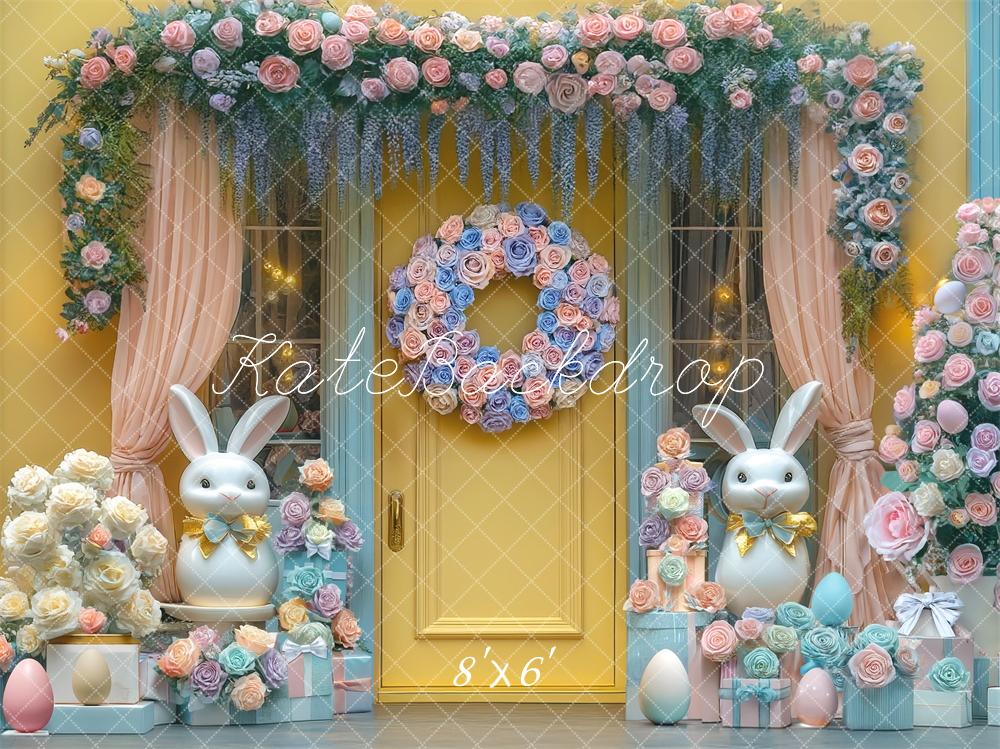 Kate Ostern Häschen Blumen Gelbe Tür Hintergrund Entworfen von Mini MakeBelieve - Kate Backdrop.de