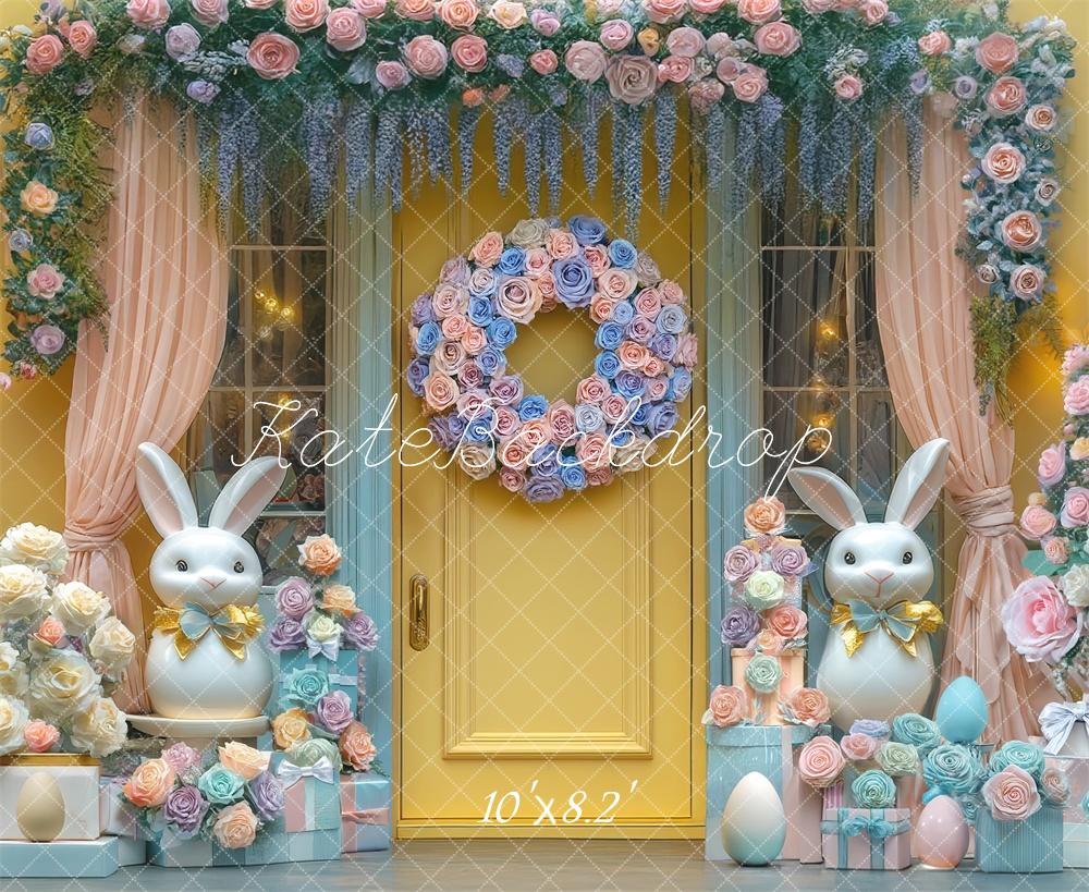 Kate Ostern Häschen Blumen Gelbe Tür Hintergrund Entworfen von Mini MakeBelieve - Kate Backdrop.de