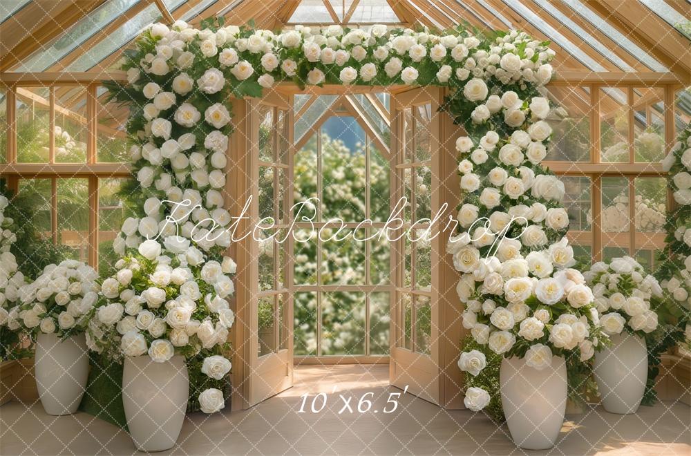 Kate Gewächshaus Naturholz Weiße Rosen Hintergrund Entworfen von Mini MakeBelieve - Kate Backdrop.de