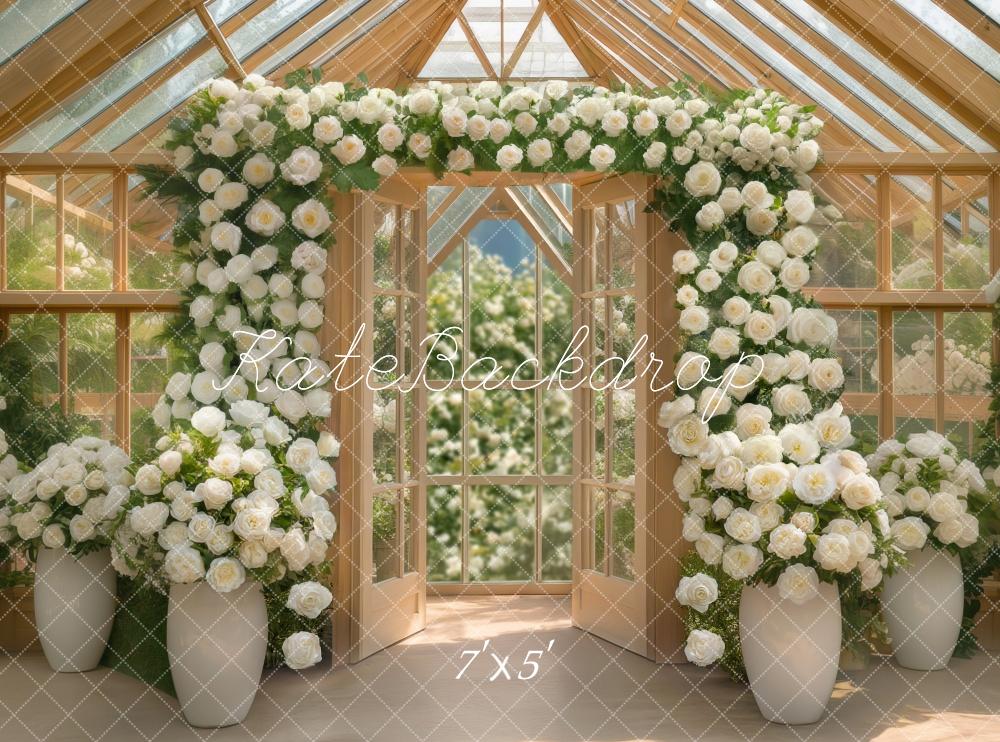 Kate Gewächshaus Naturholz Weiße Rosen Hintergrund Entworfen von Mini MakeBelieve - Kate Backdrop.de