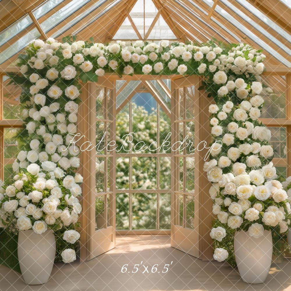 Kate Gewächshaus Naturholz Weiße Rosen Hintergrund Entworfen von Mini MakeBelieve - Kate Backdrop.de