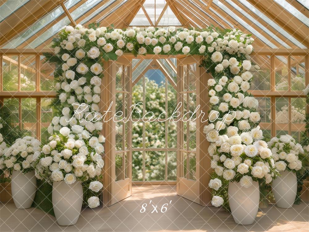 Kate Gewächshaus Naturholz Weiße Rosen Hintergrund Entworfen von Mini MakeBelieve - Kate Backdrop.de