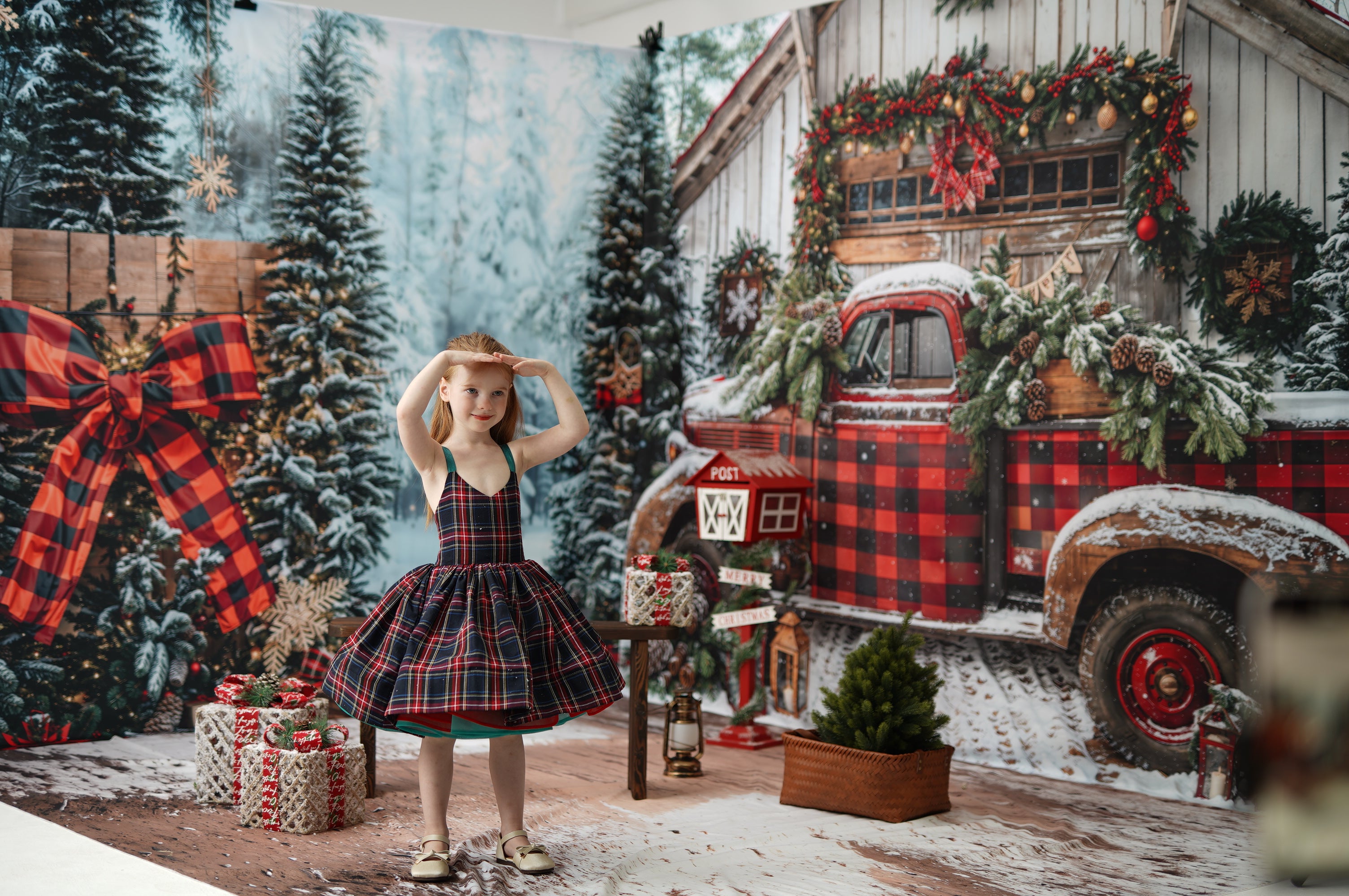 ⚡Blitzangebote #2-Kate Weihnachten Rot kariert LKW Kabine Schnee Raum Hintergrund-Set - Kate Backdrop.de