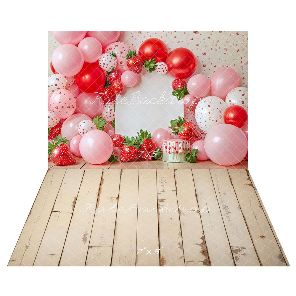 Kate Cake Smash Frühling Erdbeere Luftballon Hintergrund+Creme Shabby Holz Maserung Boden Hintergrund - Kate Backdrop.de