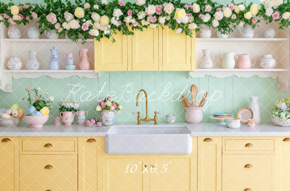Kate Ostern Gelb Küche Blumen Hintergrund von Patty Roberts - Kate Backdrop.de