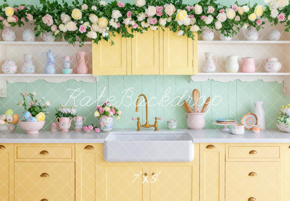 Kate Ostern Gelb Küche Blumen Hintergrund von Patty Roberts - Kate Backdrop.de