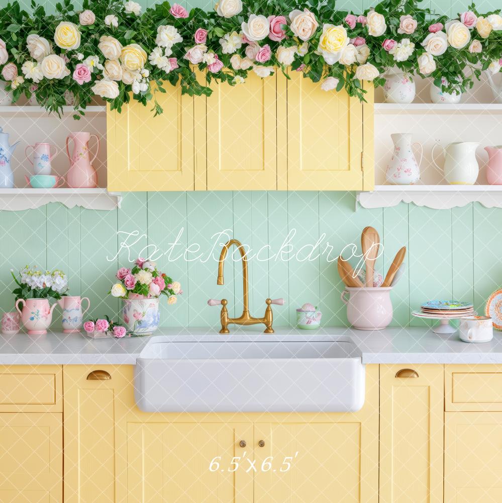Kate Ostern Gelb Küche Blumen Hintergrund von Patty Roberts - Kate Backdrop.de