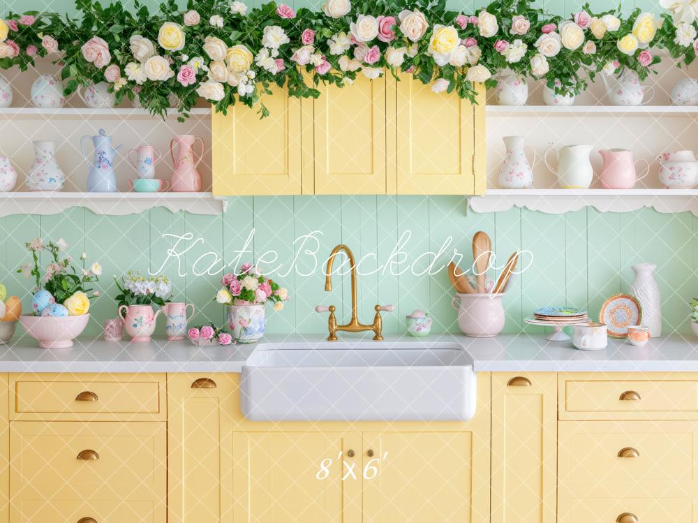 Kate Ostern Gelb Küche Blumen Hintergrund von Patty Roberts - Kate Backdrop.de