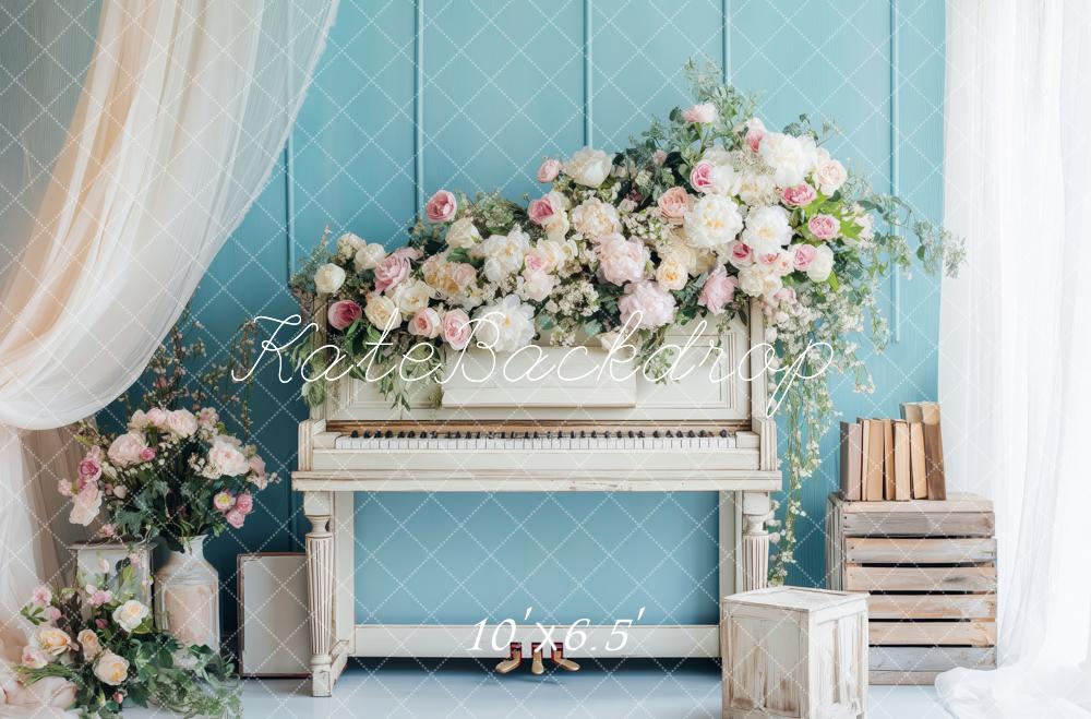 Kate Romantisch Blumen Klavier Vintage Blau Hintergrund von Patty Roberts - Kate Backdrop.de