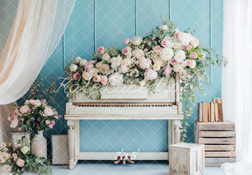 Kate Romantisch Blumen Klavier Vintage Blau Hintergrund von Patty Roberts - Kate Backdrop.de
