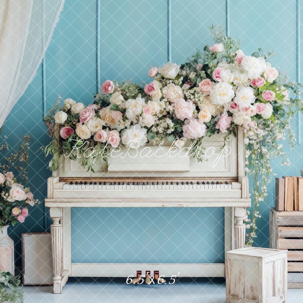 Kate Romantisch Blumen Klavier Vintage Blau Hintergrund von Patty Roberts - Kate Backdrop.de