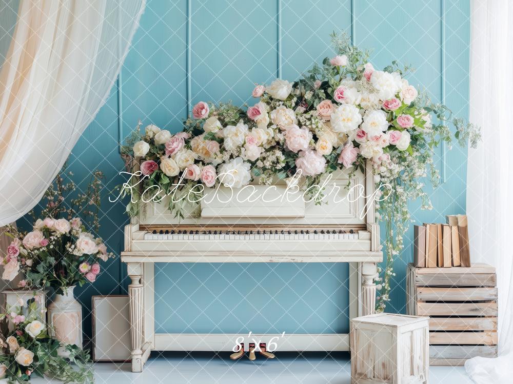 Kate Romantisch Blumen Klavier Vintage Blau Hintergrund von Patty Roberts - Kate Backdrop.de
