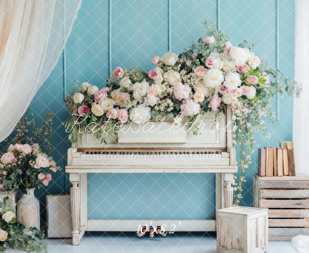Kate Romantisch Blumen Klavier Vintage Blau Hintergrund von Patty Roberts - Kate Backdrop.de
