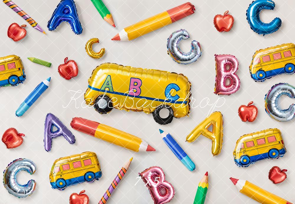 Kate Zurück zu Schule Ballons Alphabet Bus Hintergrund entworfen von Emetselch - Kate Backdrop.de