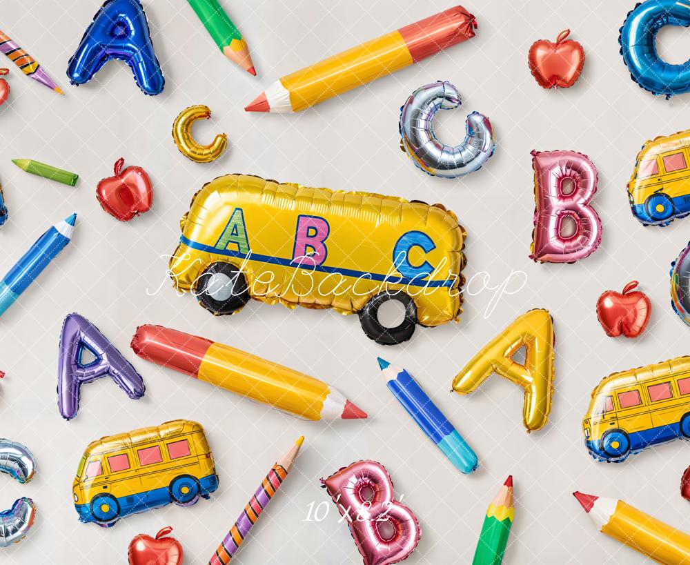 Kate Zurück zu Schule Ballons Alphabet Bus Hintergrund entworfen von Emetselch - Kate Backdrop.de