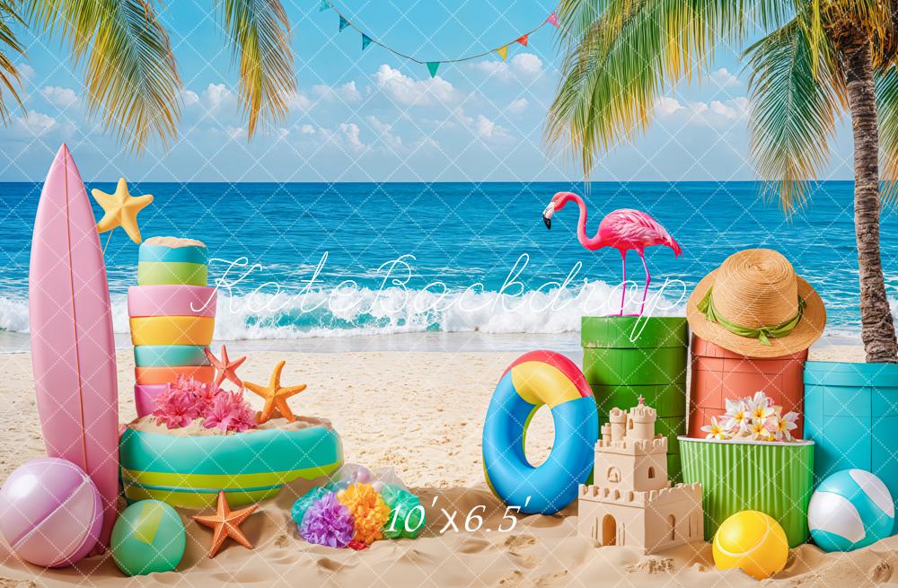 Kate Sommer Strand Flamingo Palm Surfbrett Hintergrund Von Kate - Kate Backdrop.de