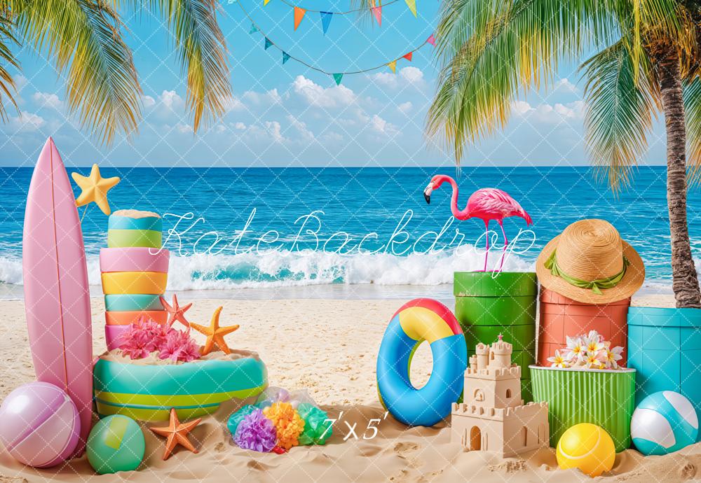 Kate Sommer Strand Flamingo Palm Surfbrett Hintergrund Von Kate - Kate Backdrop.de