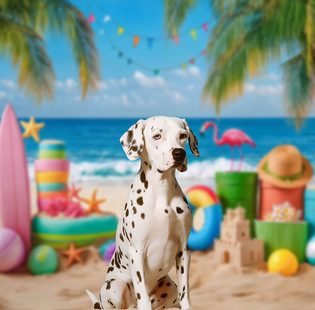 Kate Sommer Strand Flamingo Palm Surfbrett Hintergrund Von Kate - Kate Backdrop.de