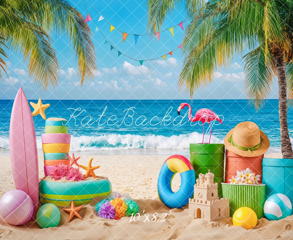 Kate Sommer Strand Flamingo Palm Surfbrett Hintergrund Von Kate - Kate Backdrop.de