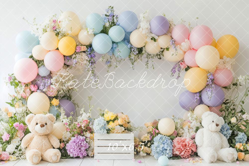 Kate Luftballon Blumenbogen Teddybär Hintergrund Entworfen von Patty Robert - Kate Backdrop.de