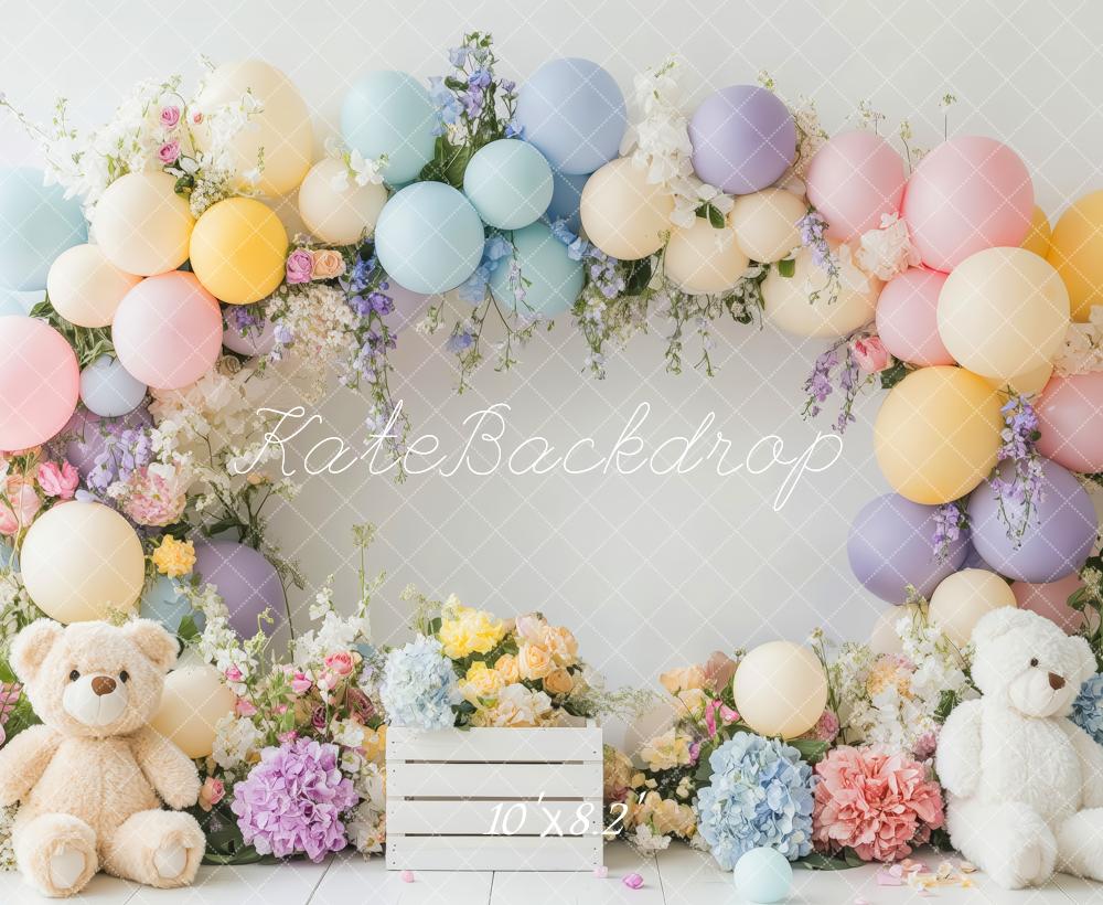 Kate Luftballon Blumenbogen Teddybär Hintergrund Entworfen von Patty Robert - Kate Backdrop.de