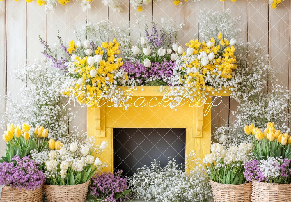 Kate Frühling Blumen Gelber Kamin Hintergrund Entworfen von Patty Robert - Kate Backdrop.de