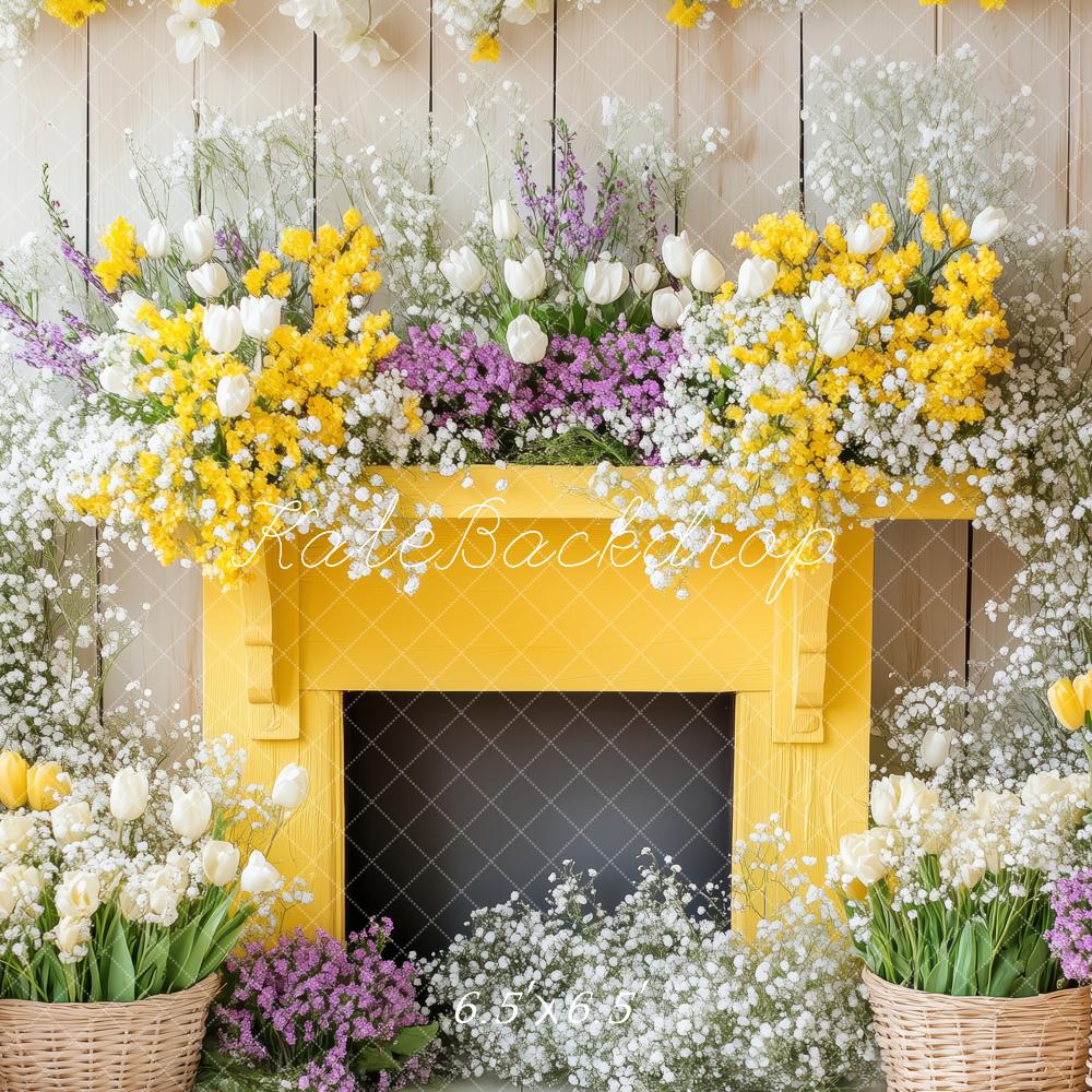 Kate Frühling Blumen Gelber Kamin Hintergrund Entworfen von Patty Robert - Kate Backdrop.de