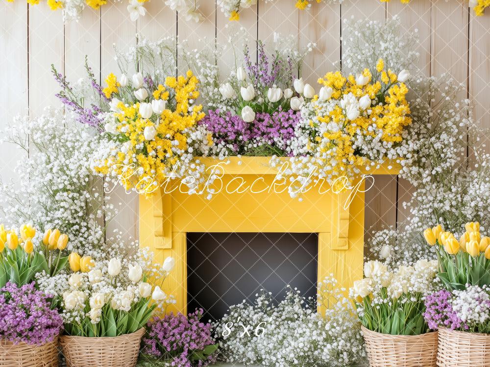 Kate Frühling Blumen Gelber Kamin Hintergrund Entworfen von Patty Robert - Kate Backdrop.de