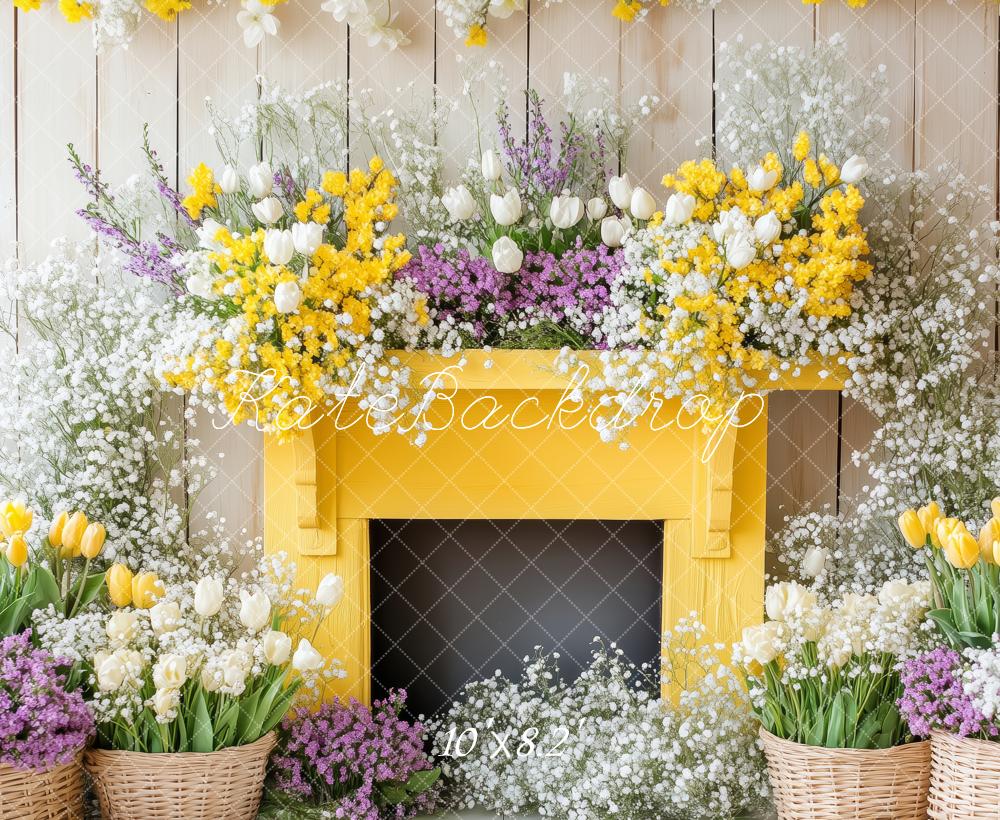Kate Frühling Blumen Gelber Kamin Hintergrund Entworfen von Patty Robert - Kate Backdrop.de
