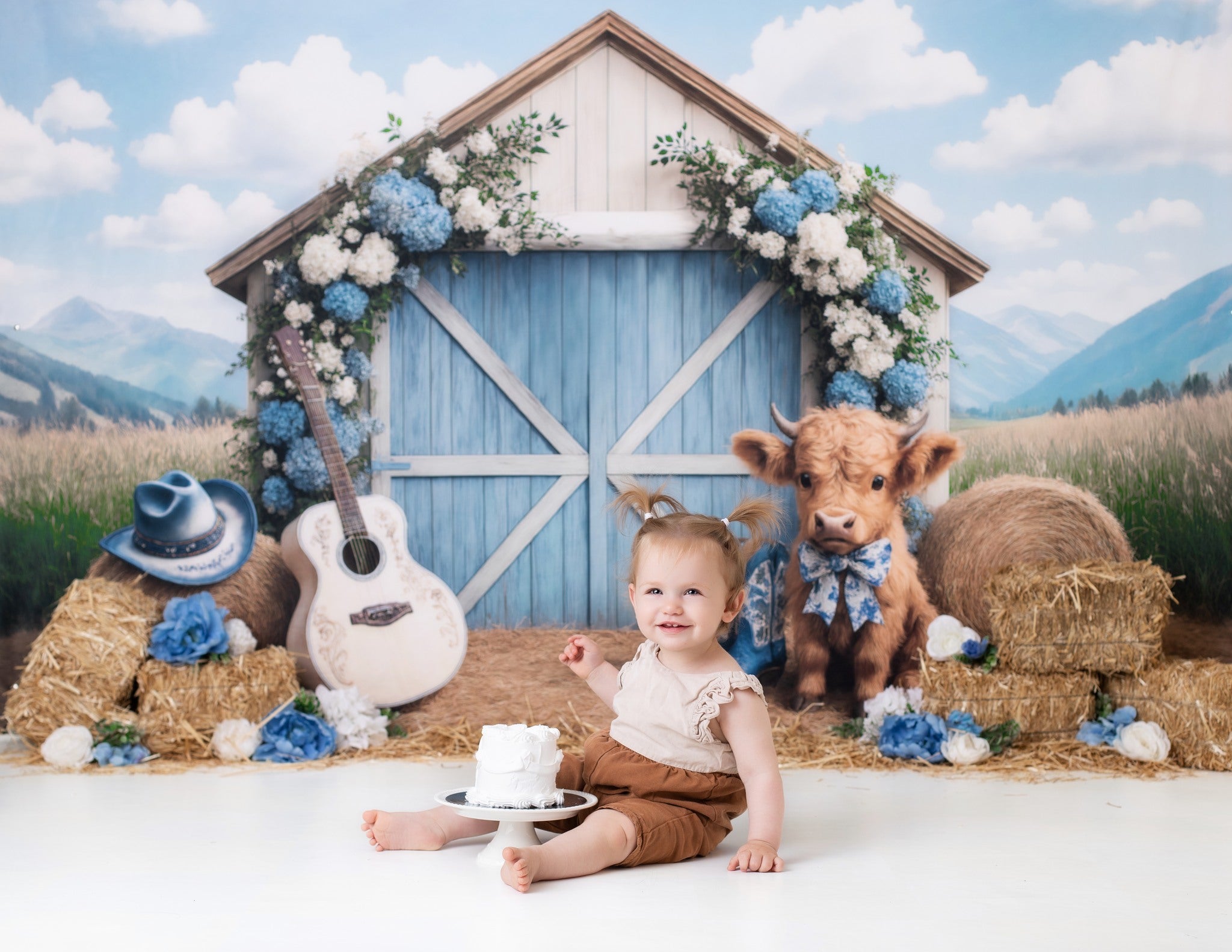 Kate Sommer Land im Freien Scheune Blumen Kuh Hintergrund von Ashley Paul - Kate Backdrop.de