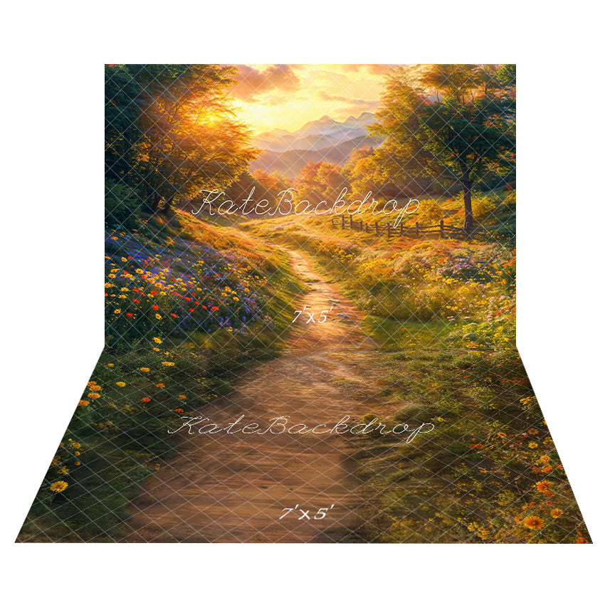 Kate Herbst Wald Blumen Pathway Sonnenuntergang Hintergrund+Sommerblumenweg Boden Hintergrund - Kate Backdrop.de