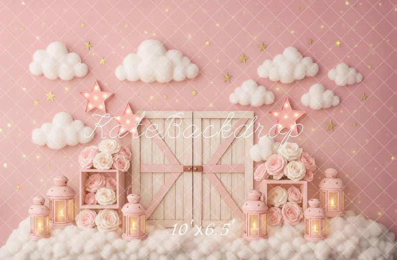 Kate Cake Smash Rosa Wolken Scheune Tür Sterne Hintergrund von Ashley Paul - Kate Backdrop.de