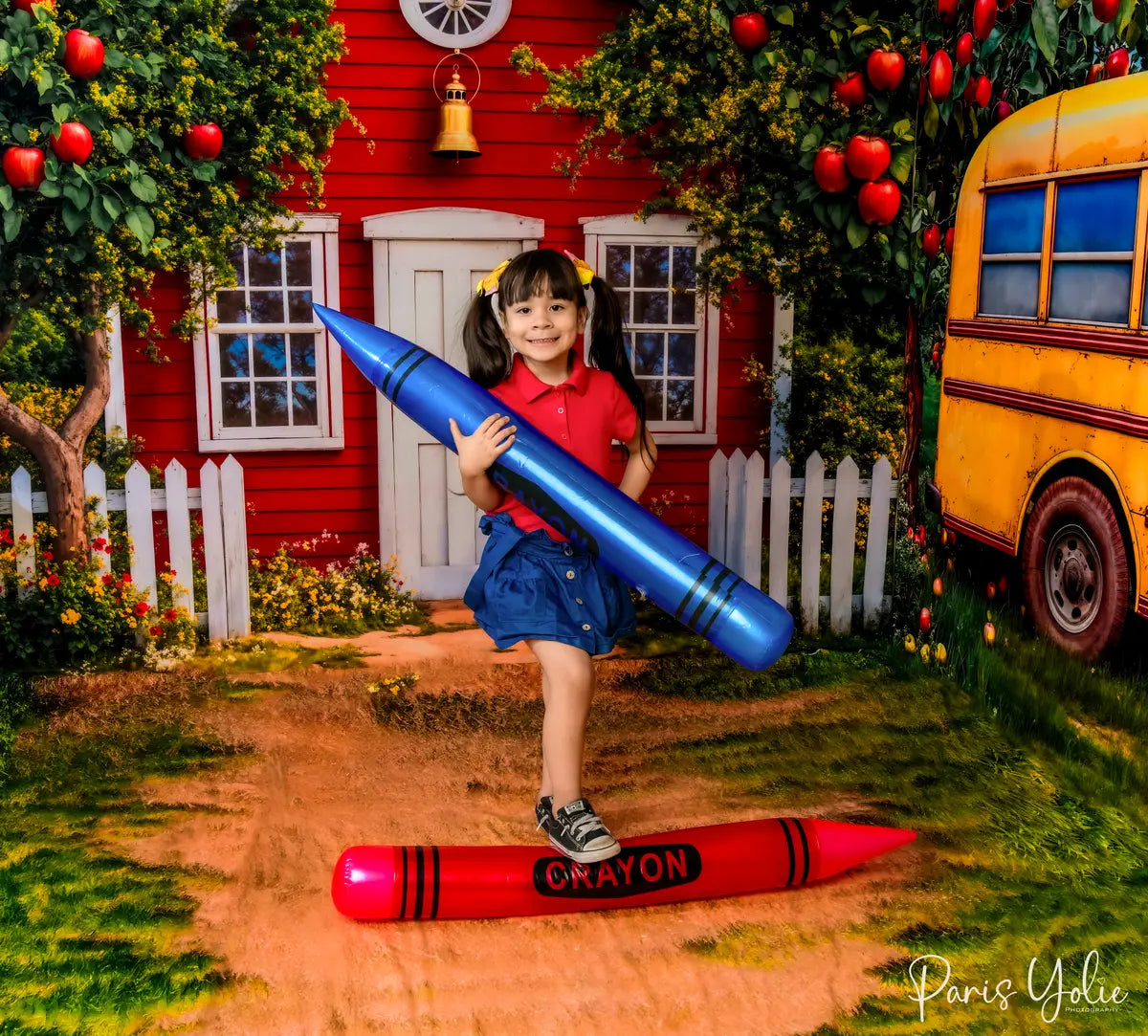 Kate Graduation Schulbus Apfel Rotes Schulhaus Garten Raum Hintergrund-Set - Kate Backdrop.de