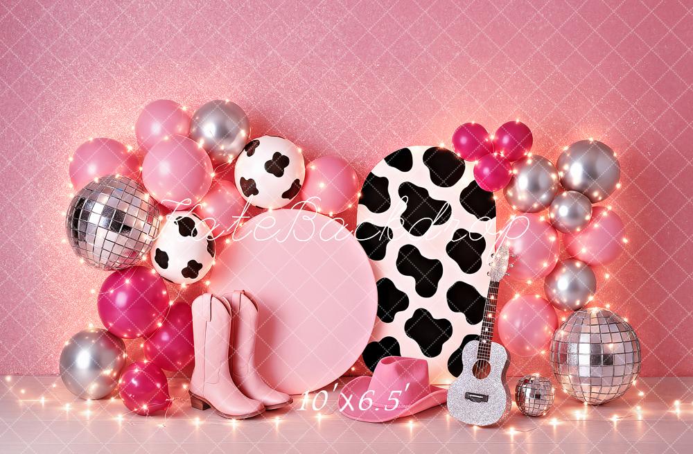 Kate Geburtstag Cowgirl Rosa Luftballon Gitarre Disco Hintergrund von Ashley Paul - Kate Backdrop.de