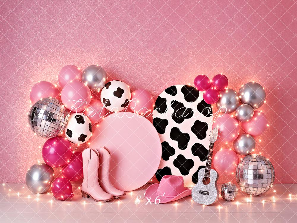 Kate Geburtstag Cowgirl Rosa Luftballon Gitarre Disco Hintergrund von Ashley Paul - Kate Backdrop.de