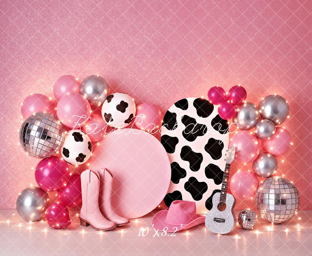 Kate Geburtstag Cowgirl Rosa Luftballon Gitarre Disco Hintergrund von Ashley Paul - Kate Backdrop.de