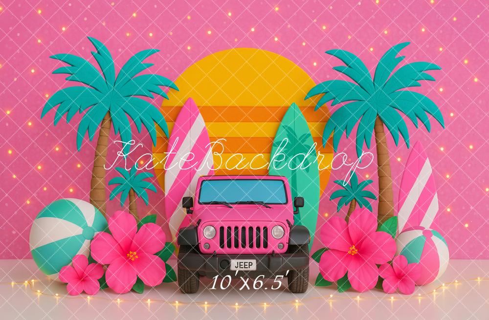 Kate Sommer Tropical Jeep Palmen Rosa Hintergrund von Ashley Paul - Kate Backdrop.de