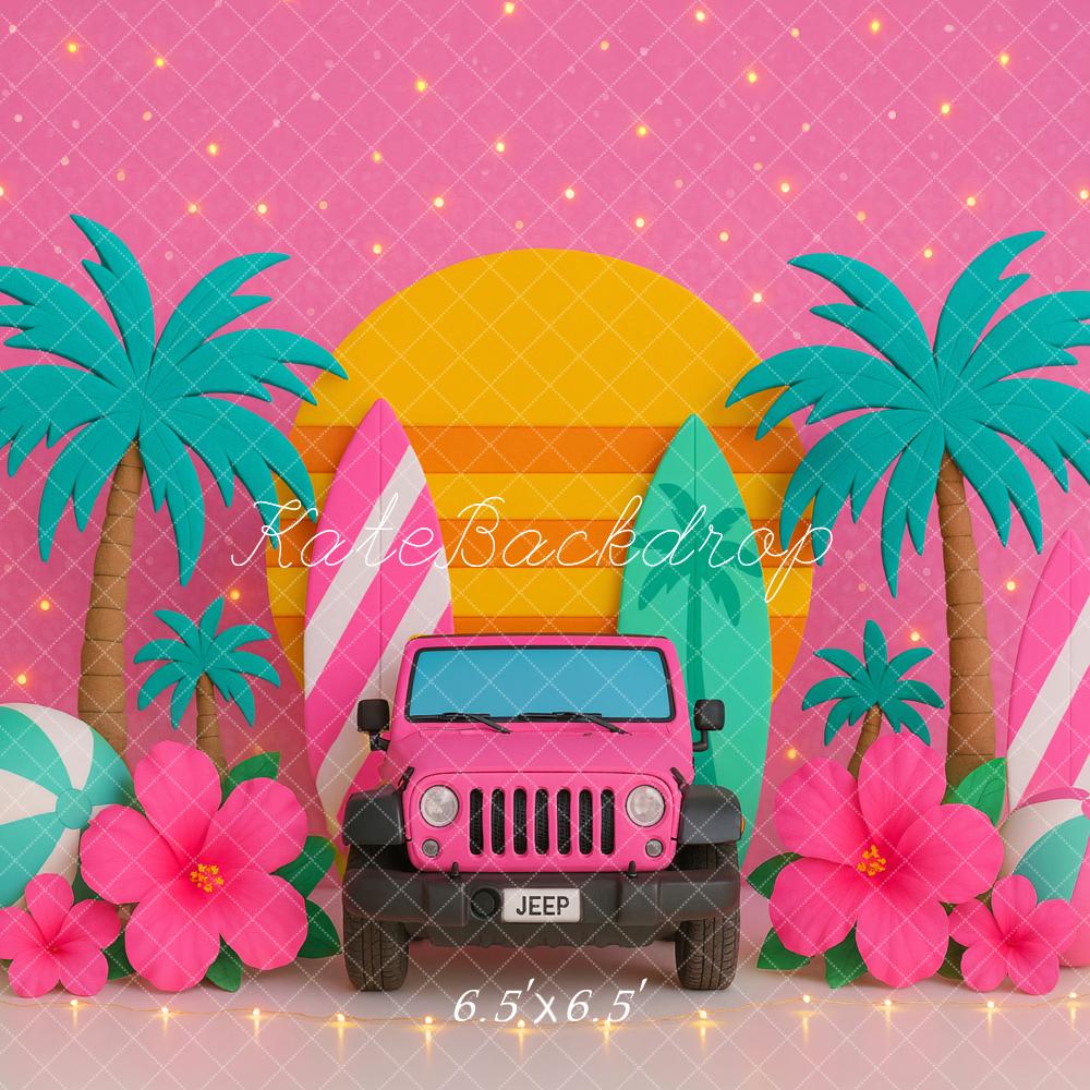 Kate Sommer Tropical Jeep Palmen Rosa Hintergrund von Ashley Paul - Kate Backdrop.de