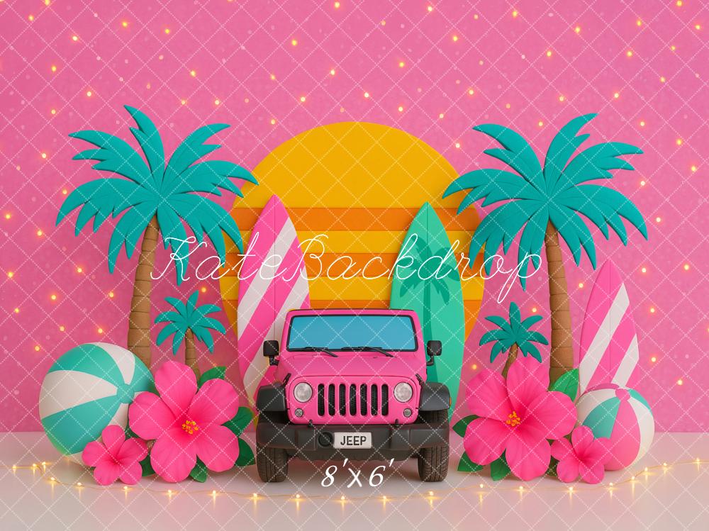 Kate Sommer Tropical Jeep Palmen Rosa Hintergrund von Ashley Paul - Kate Backdrop.de