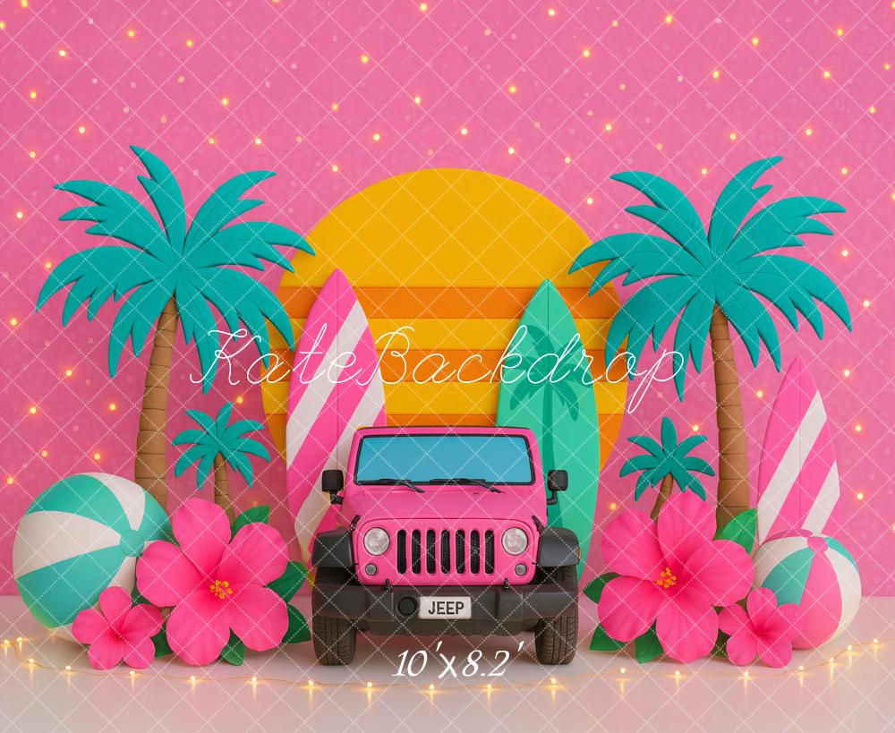 Kate Sommer Tropical Jeep Palmen Rosa Hintergrund von Ashley Paul - Kate Backdrop.de