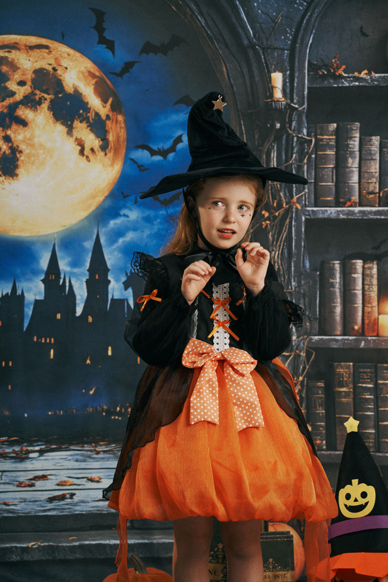 Kate Halloween Kürbisse Vollmond Bücherregal Hintergrund Entworfen von Emetselch - Kate Backdrop.de