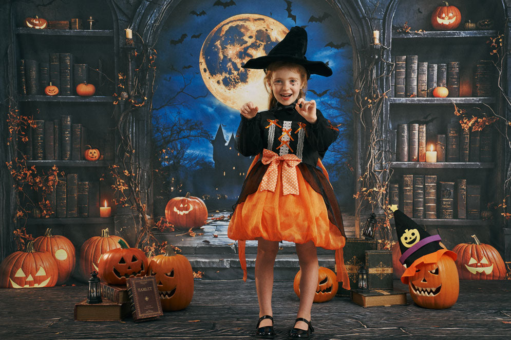 Kate Halloween Kürbisse Vollmond Bücherregal Hintergrund Entworfen von Emetselch - Kate Backdrop.de