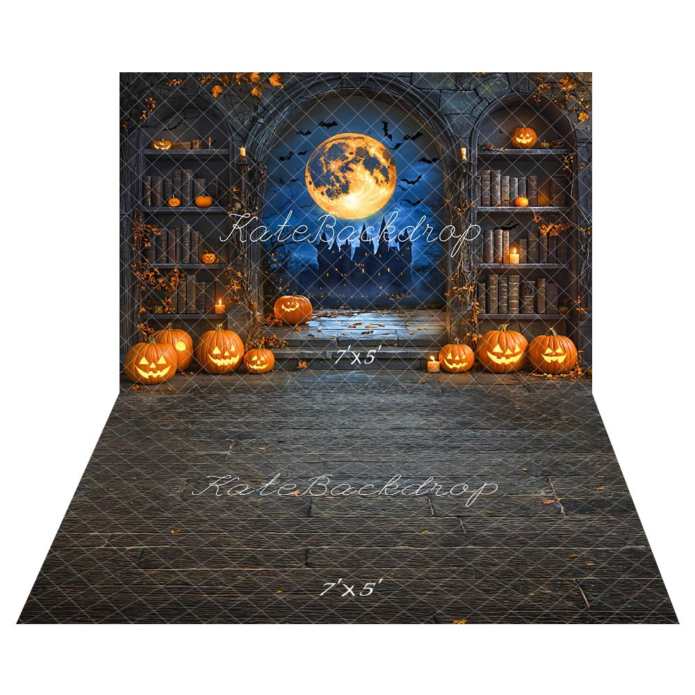 Kate Halloween Stadt Kürbis Schädel Lichter Hintergrund+Herbst Kopfsteinpflaster Blätter Boden Hintergrund - Kate Backdrop.de