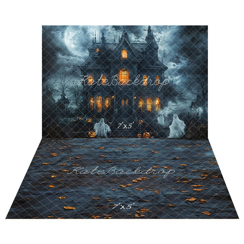 Kate Halloween Nacht Haunted House Spooky Hintergrund+Herbstnacht Blätter Dunkler Boden Hintergrund - Kate Backdrop.de
