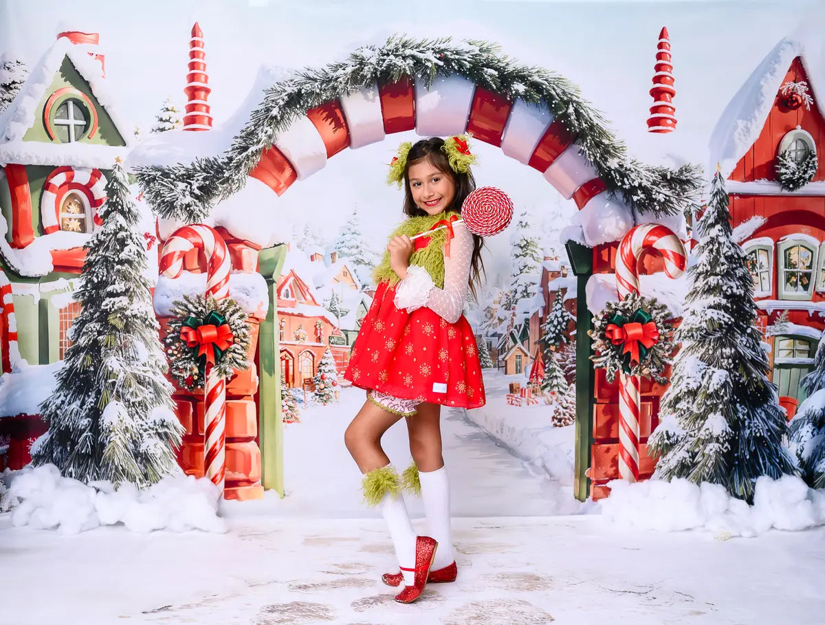 Kate Weihnachten Baum Candy Cane Village Schnee Hintergrund+Winter Schnee Kopfsteinpflaster Weg Boden Hintergrund - Kate Backdrop.de