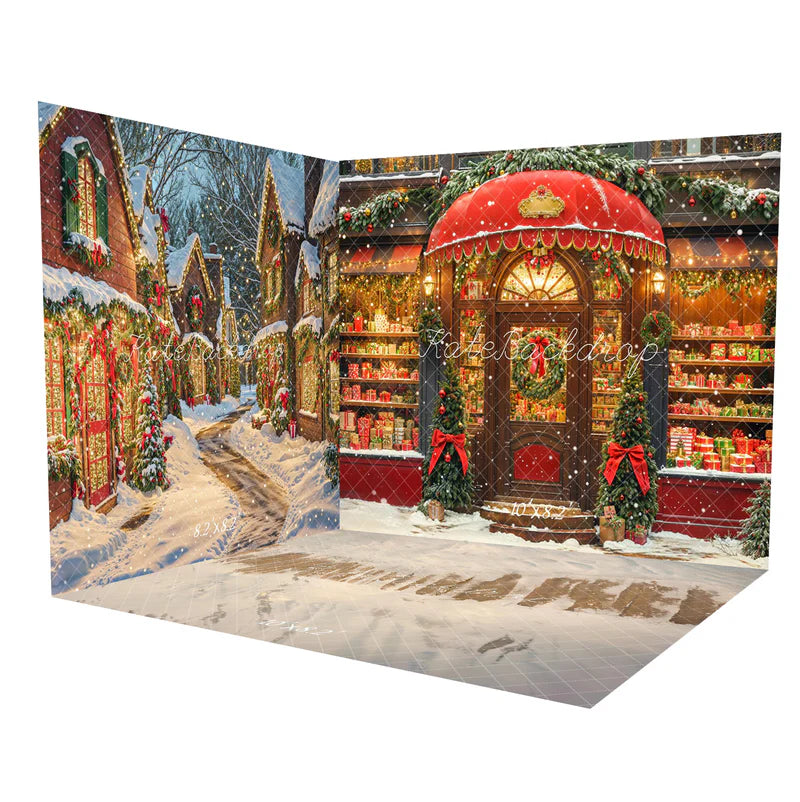 ⚡Blitzangebote #2-Kate Weihnachten Geschenke Shop Bow Snowy Village Raum Hintergrund-Set - Kate Backdrop.de