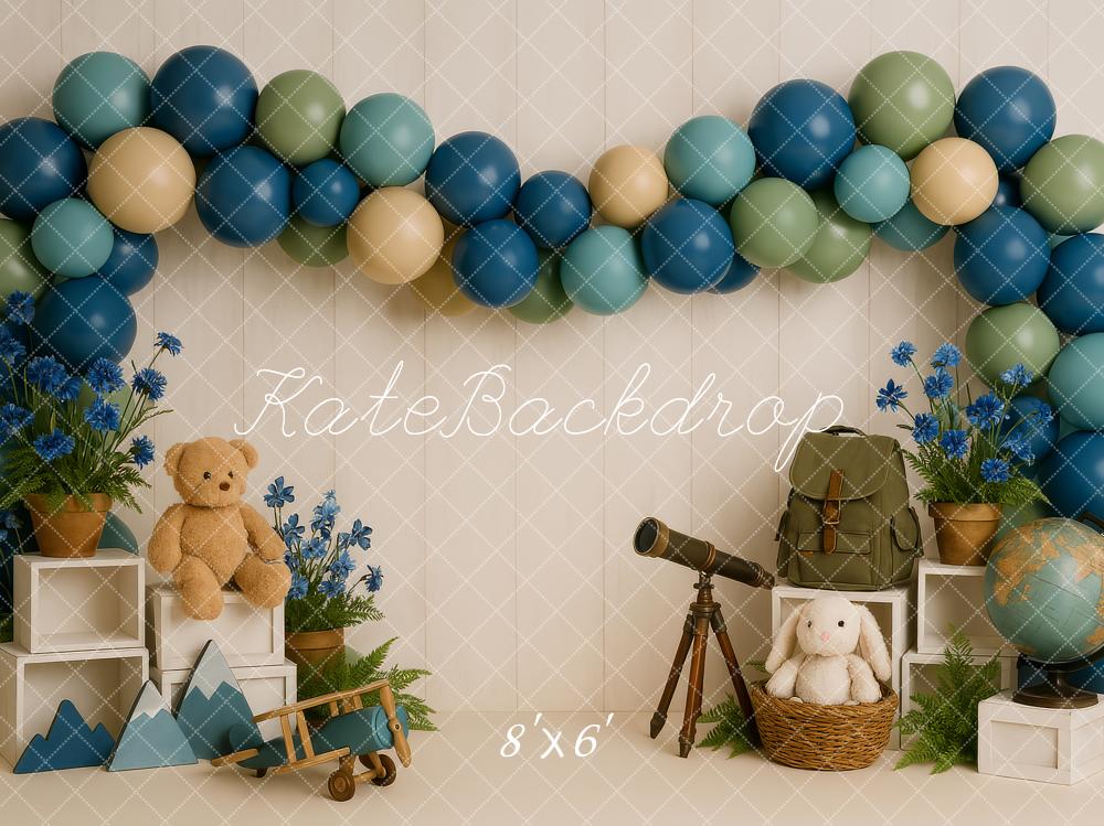 Kate Cake Smash Abenteuer Teleskop Teddy Luftballon Hintergrund Entworfen von Patty Robert - Kate Backdrop.de